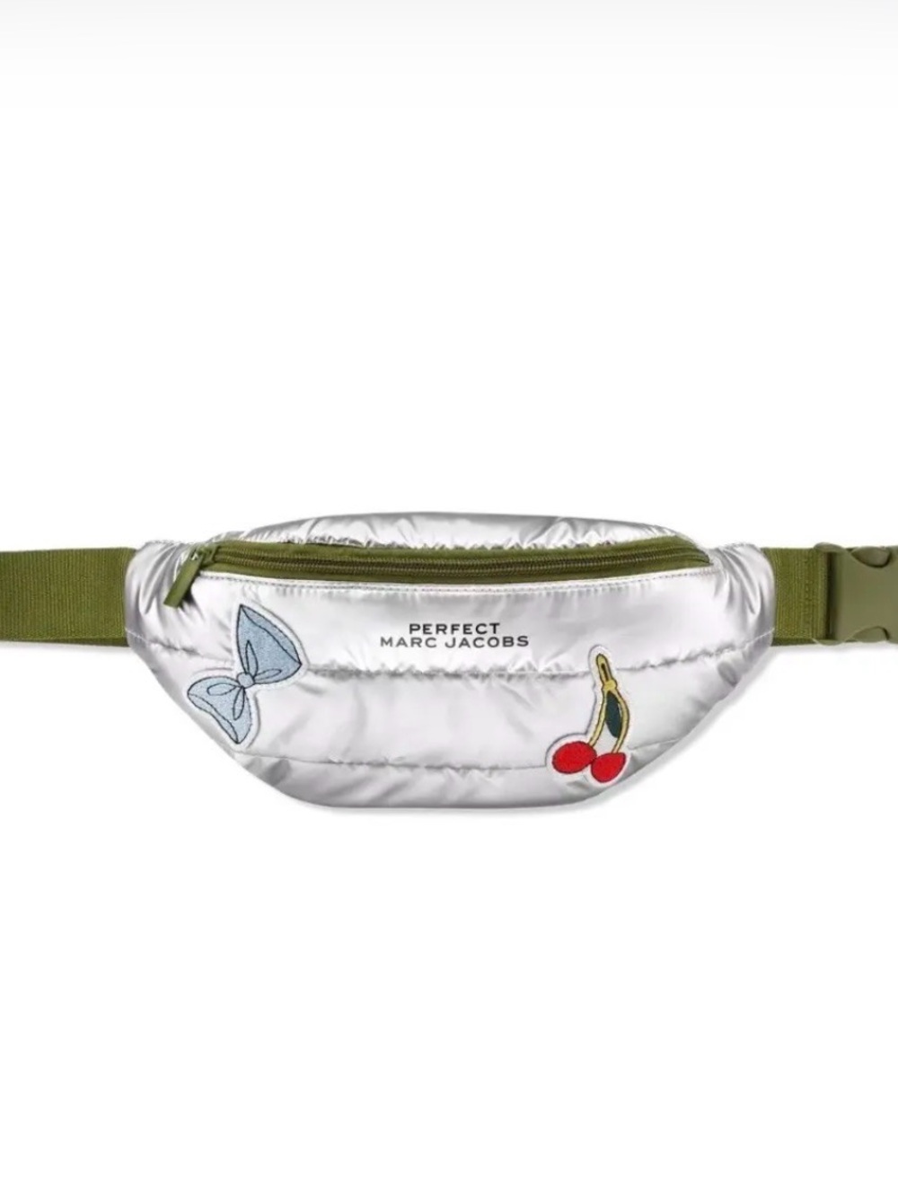 Marc Jacobs Silver Quilted Belt Bag with Olive Strap and Cherry Patch